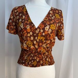 Paper Crane Beautiful Brown/Orange Floral Crop Top With Smocked Waist Size Small